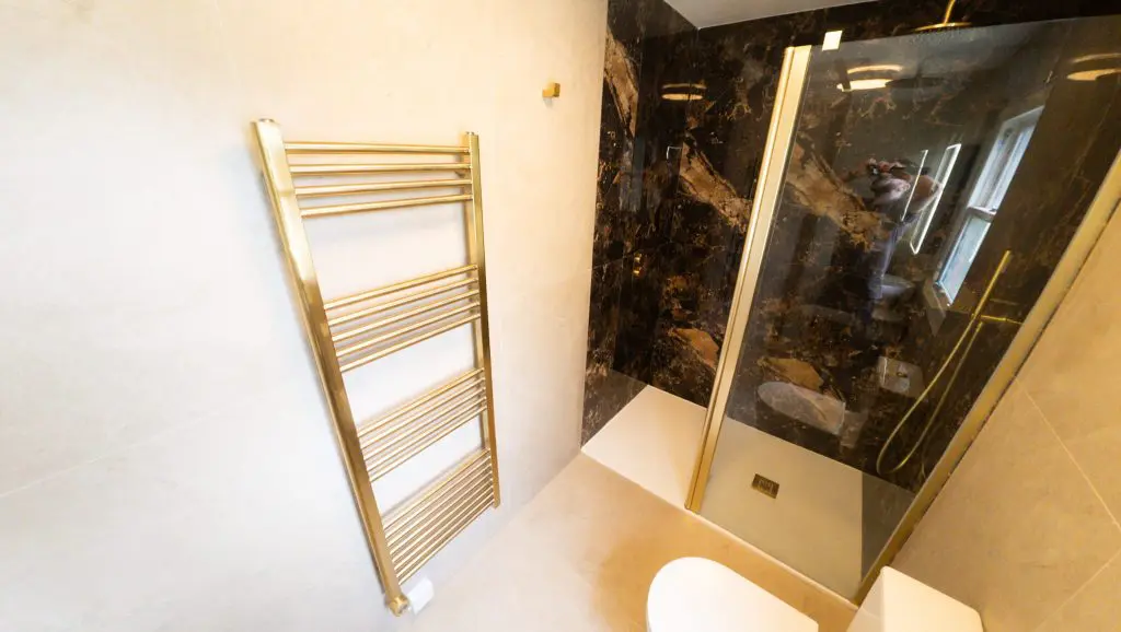 Luxury Tiled Bathroom with Brushed Brass fittings